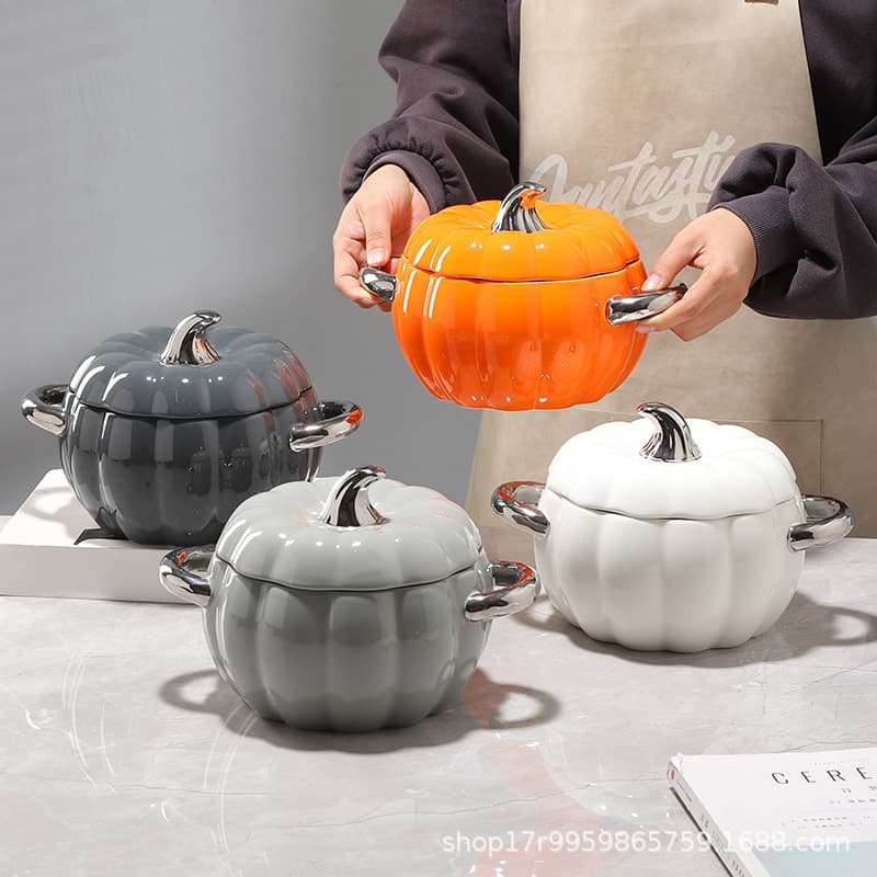 Pumpkin Dessert Bowl Large Stew Pot Steamed Egg Bowl Double Handle with Lid Baking Bowl Bird's Nest Sweet Soup Bowl Snow Fungus Soup Bowl