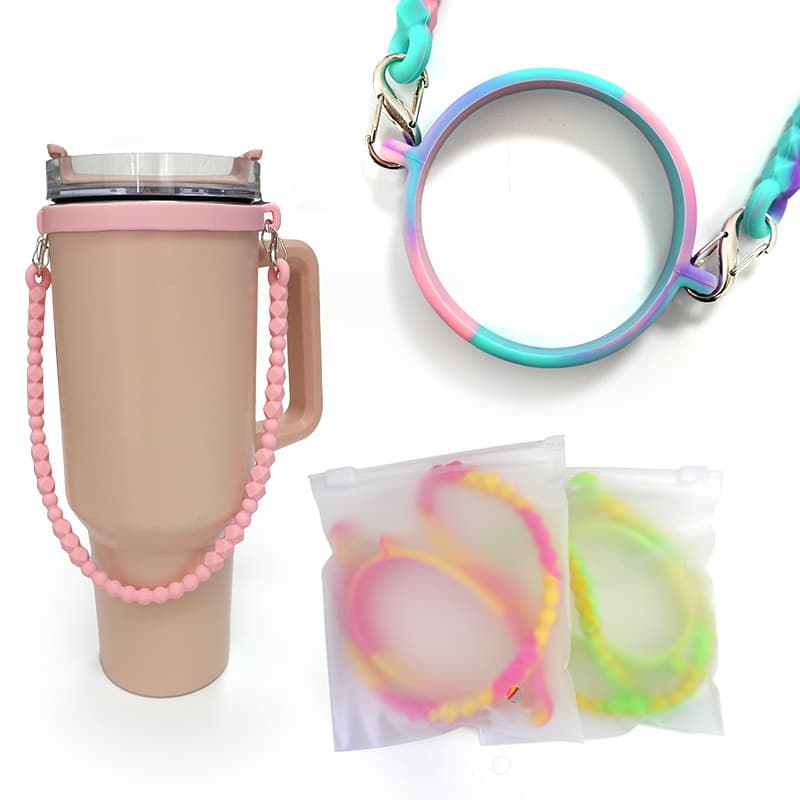 Universal silicone cup strap for 8-40oz water bottles, new design with handle and hanging loop.