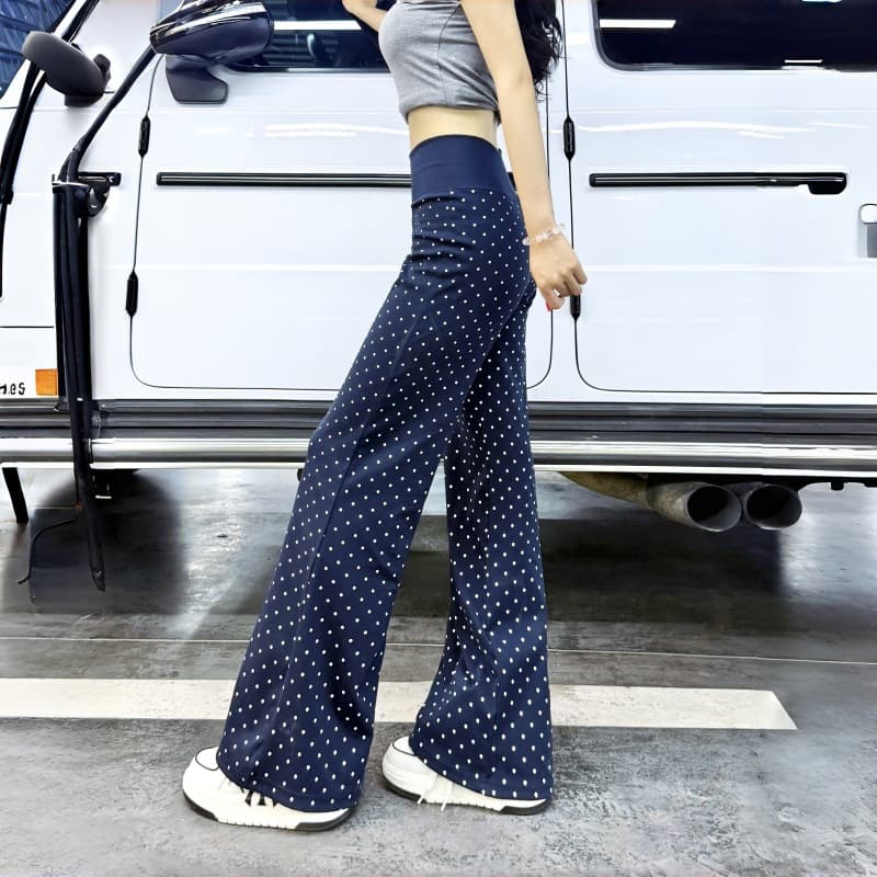 Korean style navy blue polka dot high waist flared pants casual pants for women summer new versatile slimming floor-length pants micro-flared pants