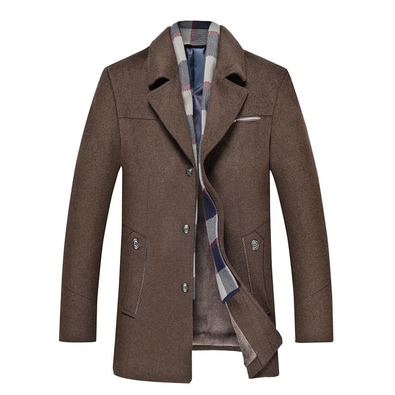 Autumn/Winter Mid-Length Scarf Collar Wool Coat Casual Woolen Overcoat with Lapel Trench Coat for Men Factory Supply