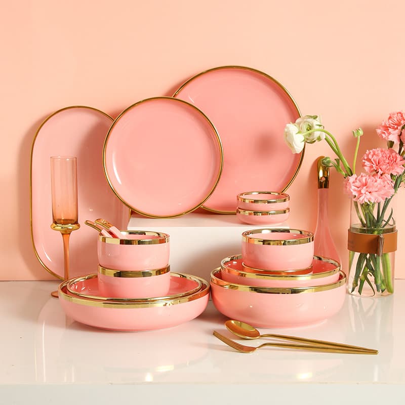 Nordic Style Phnom Penh Pink Ceramic Tableware Dishes Set Household High-end Creative Distinctive Rice Bowl Dish Soup Plate