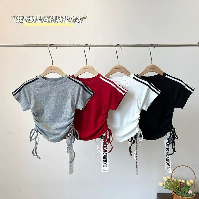 Girls' Right Shoulder Drawstring Color-Blocked Round Neck T-Shirt American Retro New Short Style Slim Short-Sleeved Summer Versatile Top