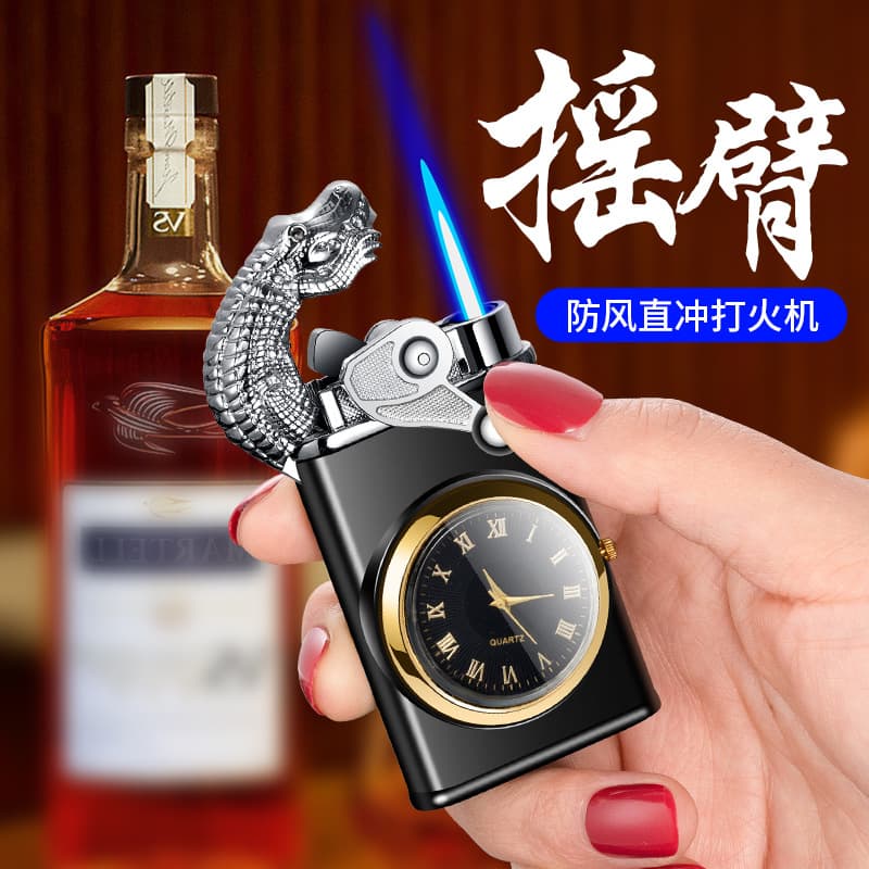 Trendy Windproof Rocker Arm Butane Lighter, Refillable Creative Premium Durable Blue Flame Torch Lighter, Men's Real Watch Gift, Fashionable
