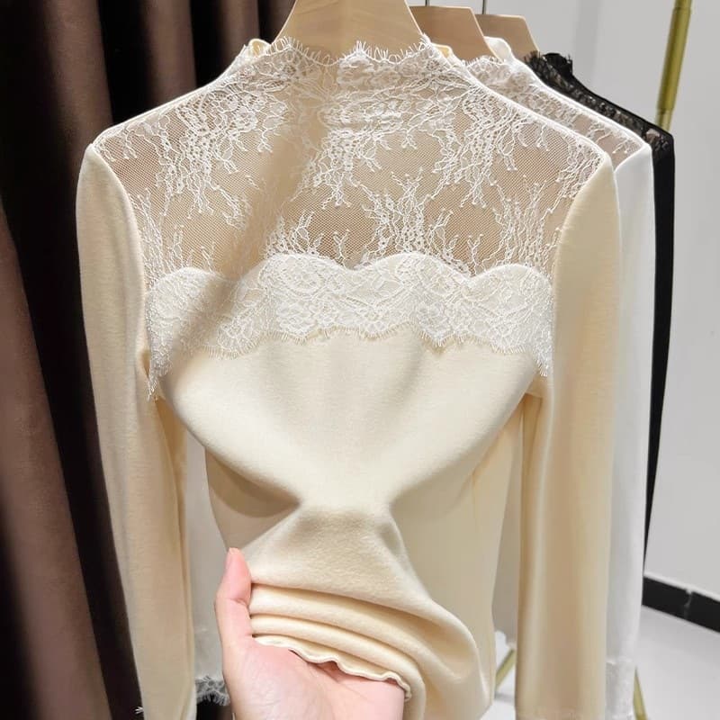【Favorites】Half Turtleneck Hollow Lace Patchwork Base Layer Top for Women, Spring/Winter Brushed Velvet Thermal
