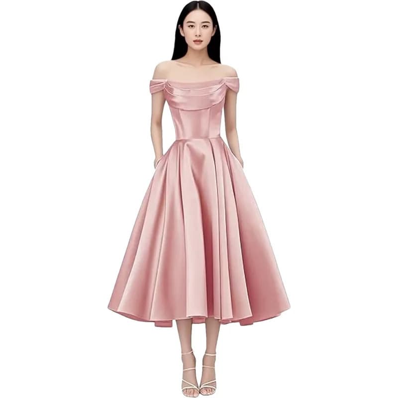 Pink Off-Shoulder Evening Dress, Cross-Border Amazon New Satin Solid Color Simple Midi Dress