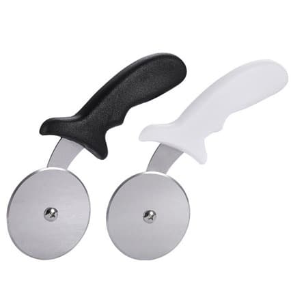 Stainless steel pizza cutter with plastic handle, thin crust divider, single-wheel roller blade