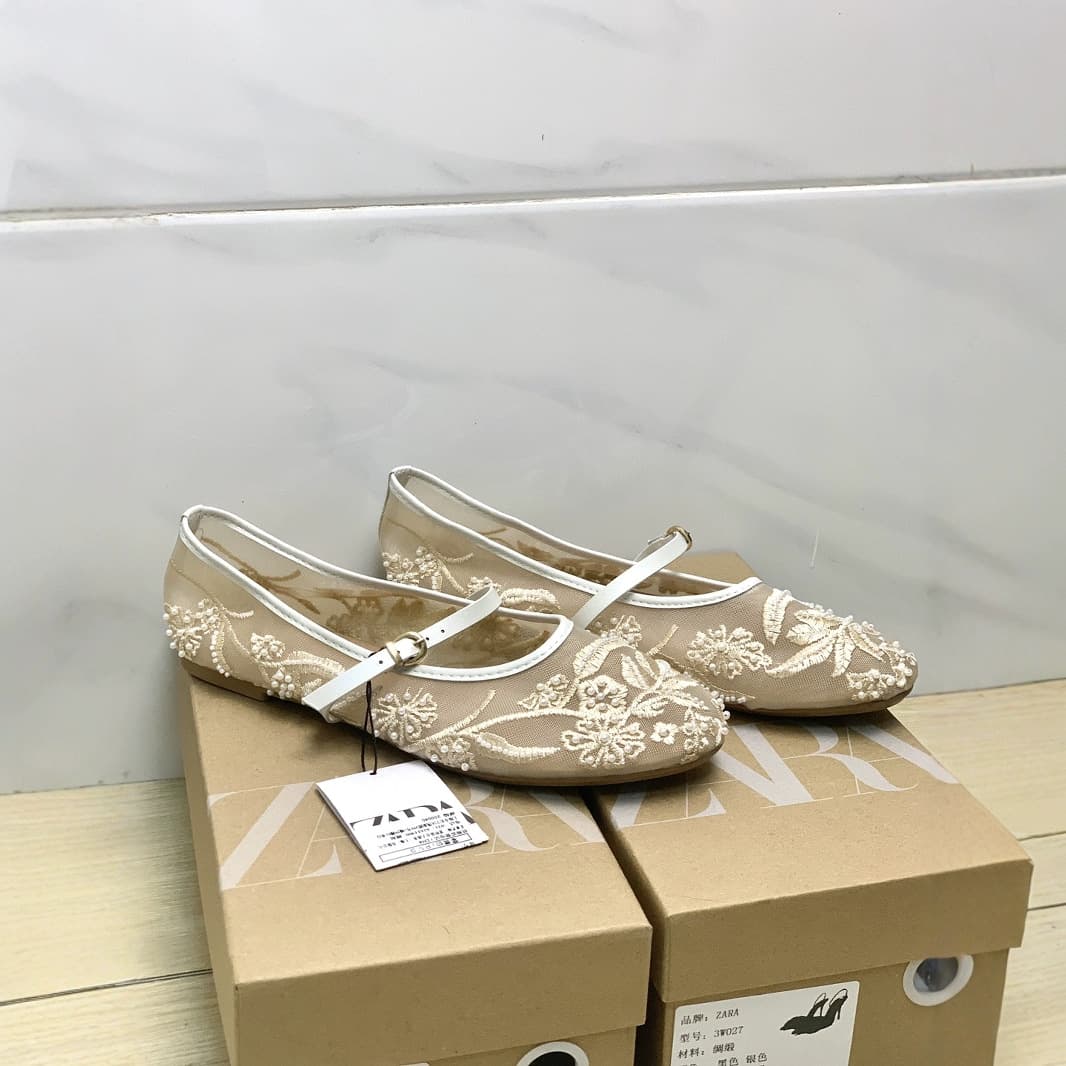 In Stock ZA Embroidered Pearl Mesh Ballet Flats Women Fashion Mesh Round Toe Flat One-Strap Mary Jane