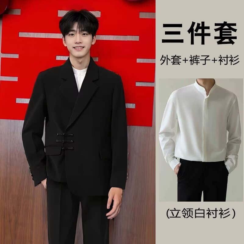 New Chinese style black buttoned suit jacket Chinese tunic suit engagement groom wedding dress casual suit suit