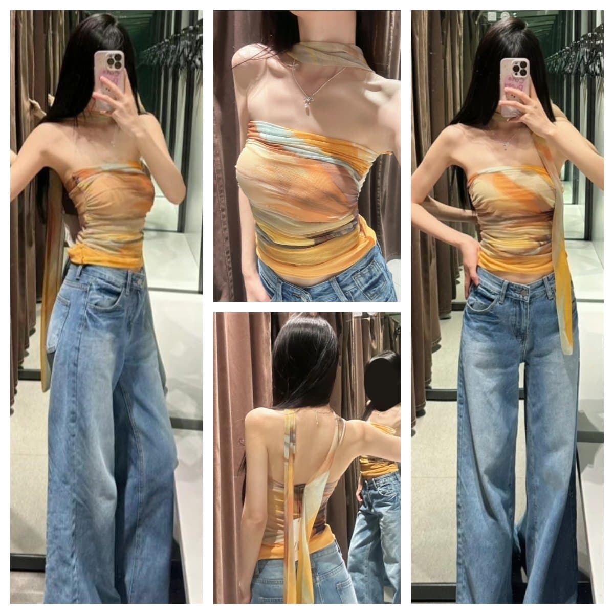 American mesh outer wear short vest tube top one-shoulder women's pleated retro style hot girl print elastic