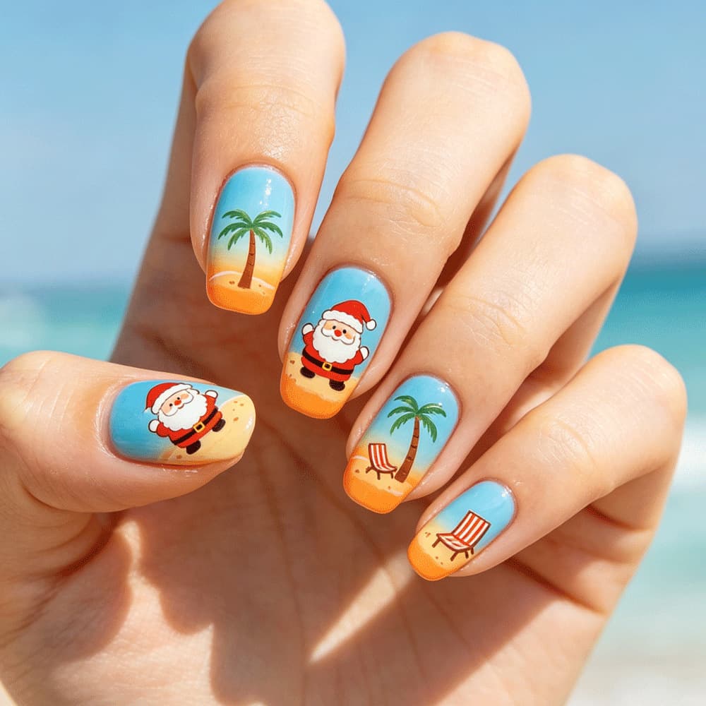 Christmas Wearing Nails Blue and Orange Gradient Seaside Coconut Tree Recliner Santa Claus Manicure Mid-Length Square Fake Nails