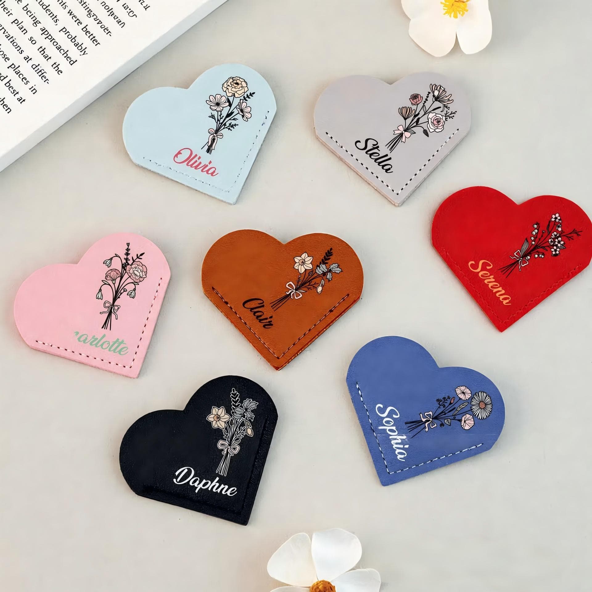 Cross-border Birth Flower PU Leather Heart Bookmark Colorful Heart Leather Bookmark
