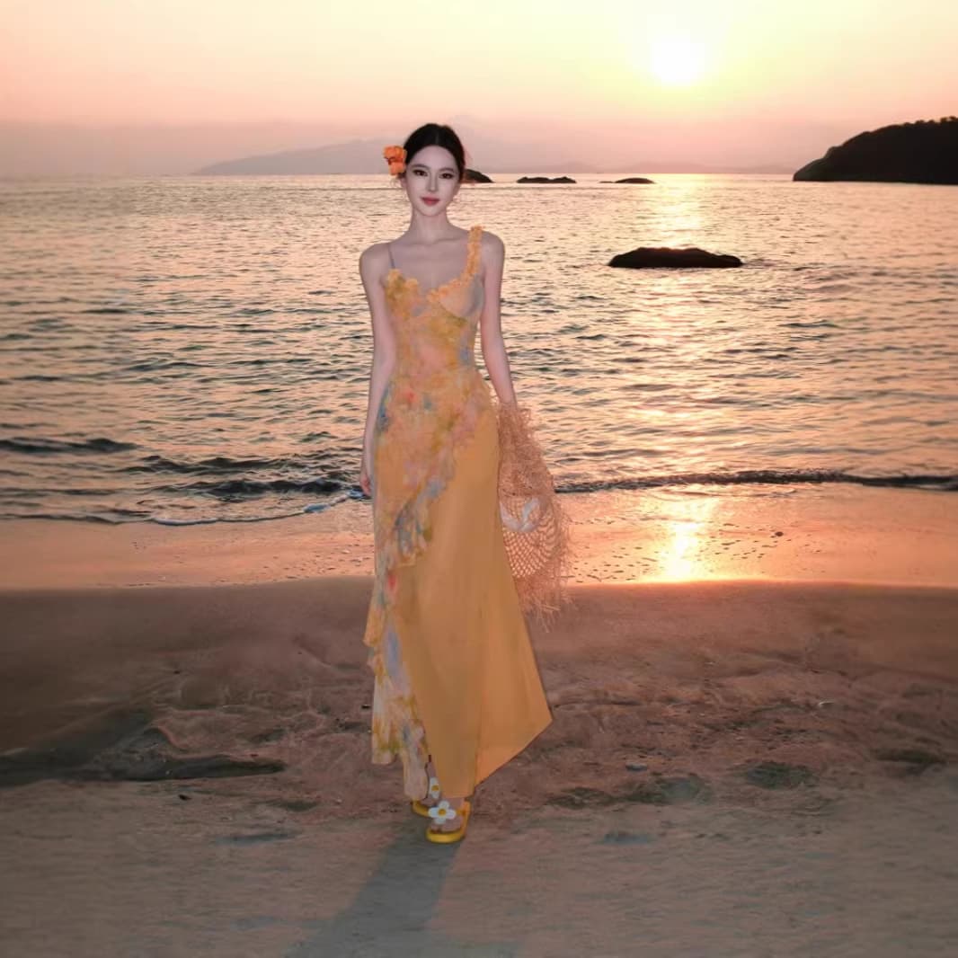 2026 cross-border new product smudged chiffon dress unique and beautiful pinch waist skirt vacation long suspender skirt