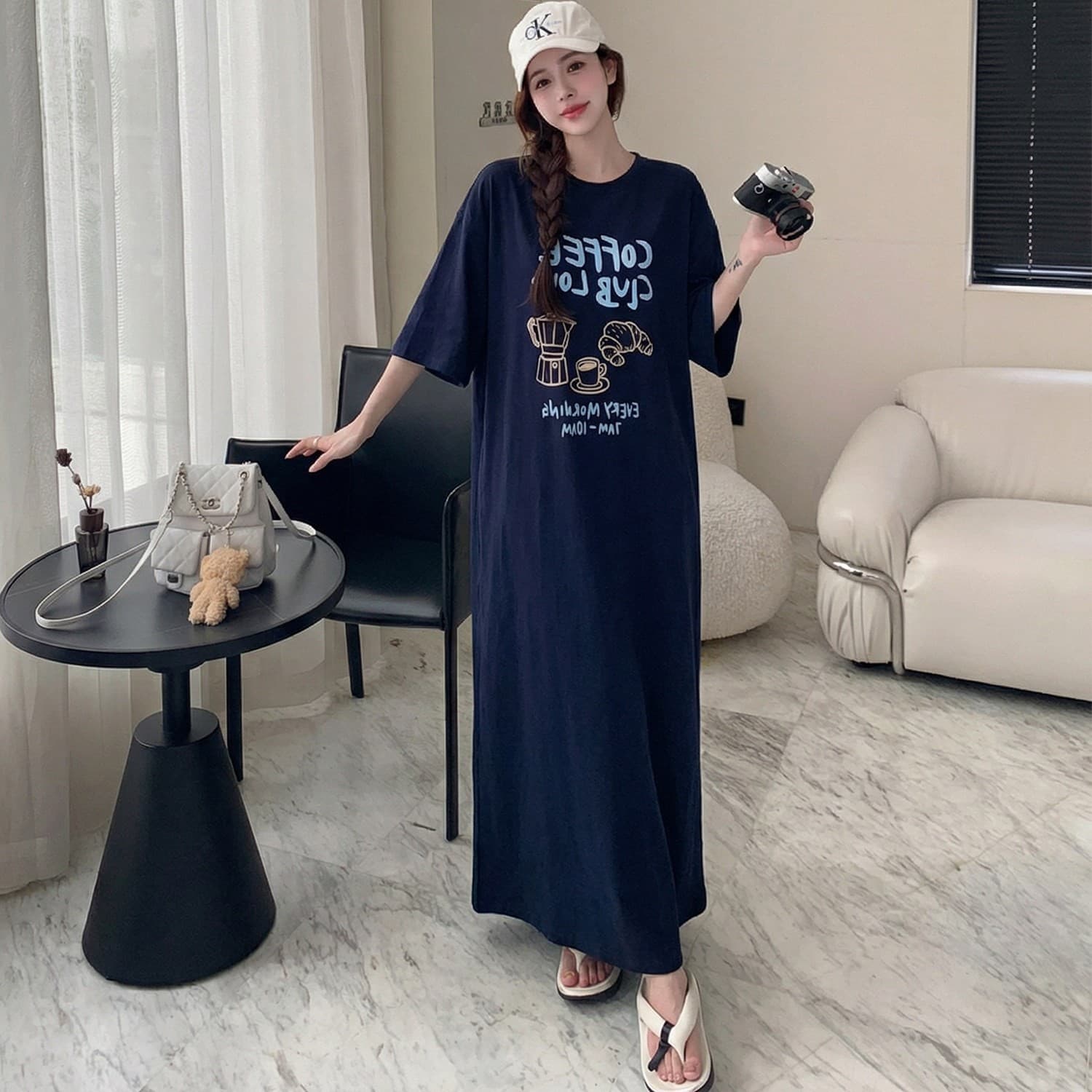 Lazy Short Sleeve Round Neck T-Shirt Dress for Women, Side Slit Plus Size Loose Casual Slimming Bread Print Long Dress