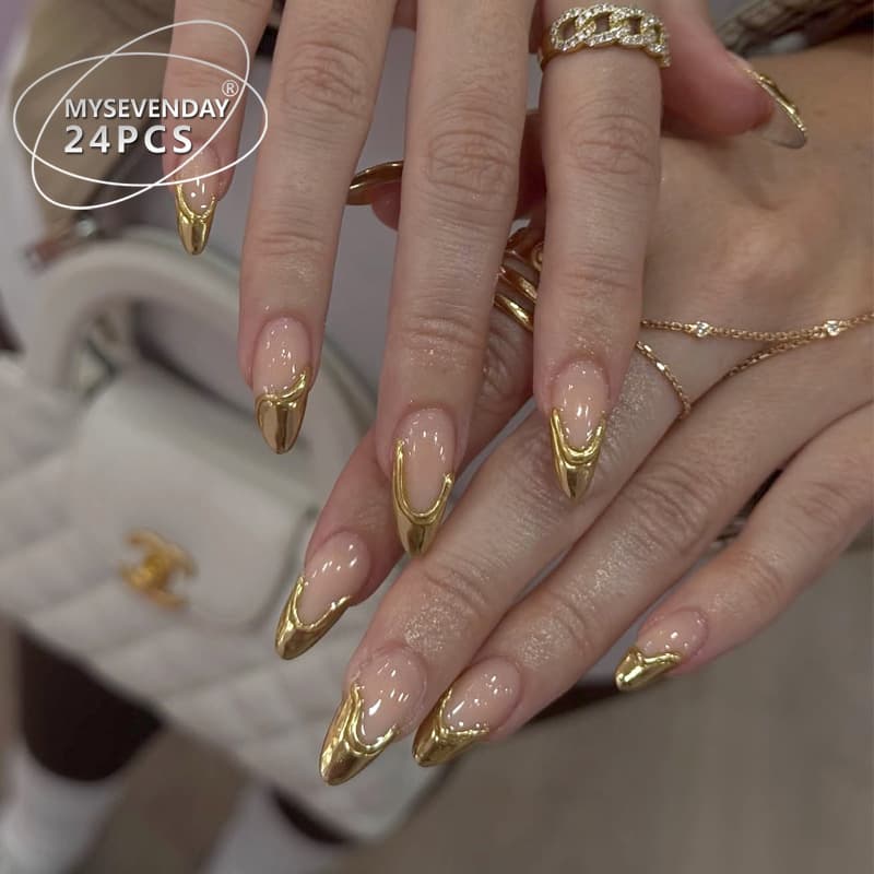 Hot-selling 3D Almond Press-On Nails with Gold Trim, High-End Look, Wholesale