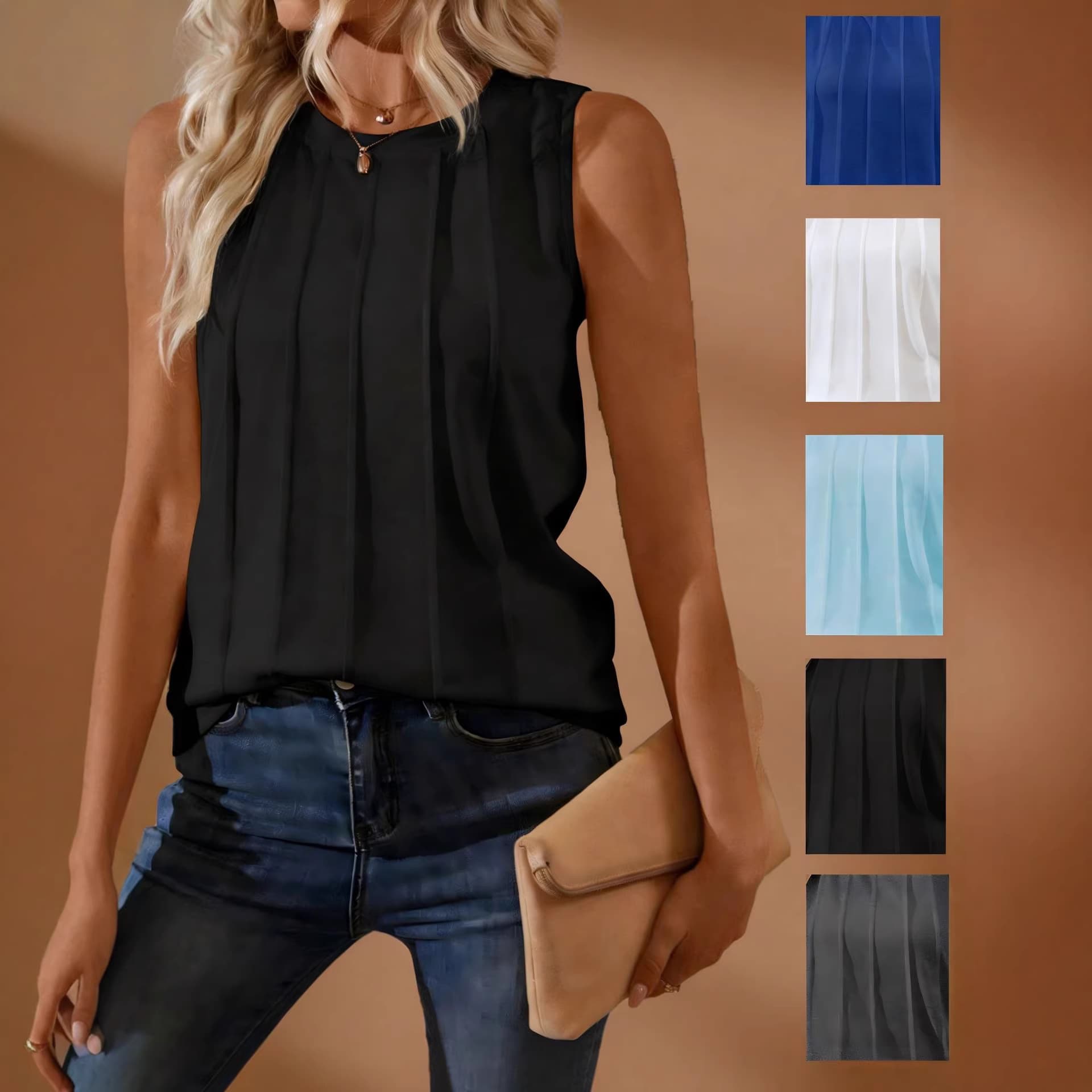 European and American Cross-Border Foreign Trade 2026 Amazon Spring and Summer New Solid Color Round Neck Pleated Knitted Vest Women's Top in Stock