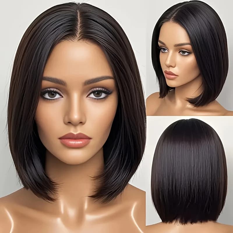Cross-border chemical fiber high temperature silk fashion wig, middle parted bob, short straight hair, full head wig, in stock, wholesale from the manufacturer.