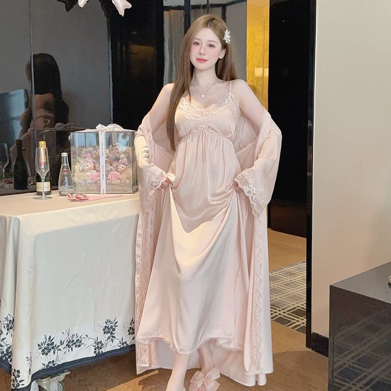 Satin Camisole Nightgown with Chest Pads, Two-Piece Long Women's Pajamas, Elegant Long Dress, Ice Silk Loungewear