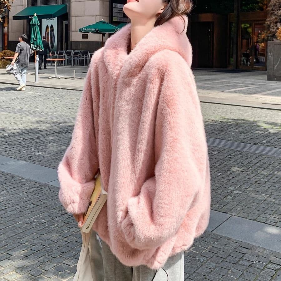 Pink Hooded Lamb Wool Fur-Integrated Cotton Coat Women's Winter Clothing Petite Thickened Faux Mink Fur Coat Ins