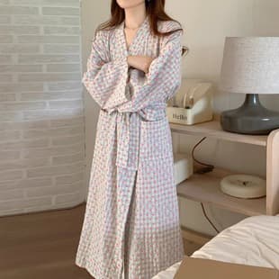 Japanese Sweet Pajama Robe Spring Autumn New Style Heart Print Plaid Comfortable Loose Casual Mid-Length Homewear