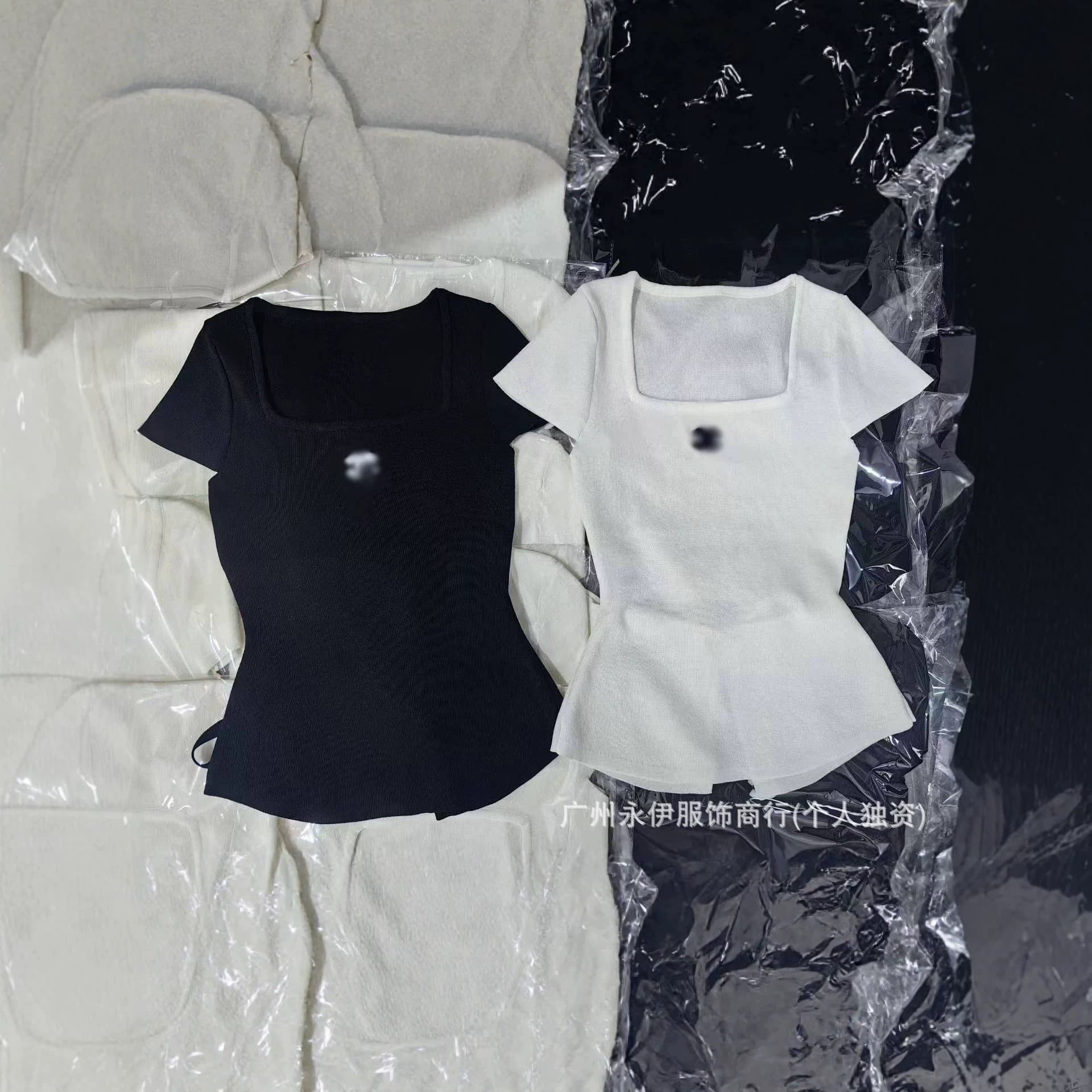 Premium Versatile Double-C Embroidery Youthful Knit Short Sleeve Women's Summer Simple Fitted Short Sleeve Top