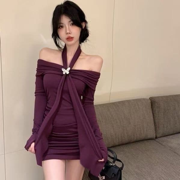 Autumn and winter pure lust sexy fashion hip skirt one shoulder celebrity inner wear skirt halter neck purple long-sleeved dress trendy
