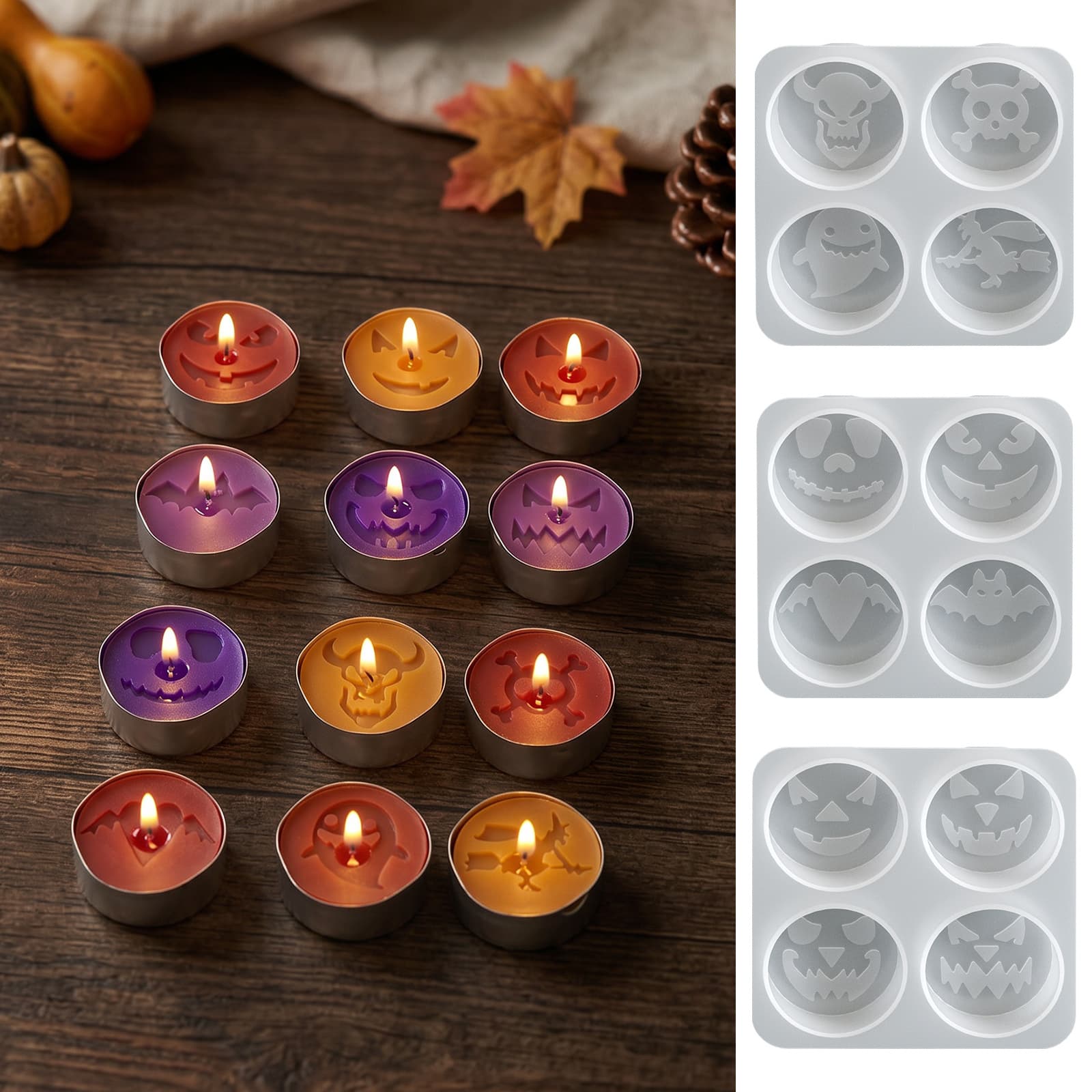 4-Cell Halloween Candle Silicone Mold DIY Aromatherapy Ghost, Skull, Bat, Skeleton Pattern Candle Mold