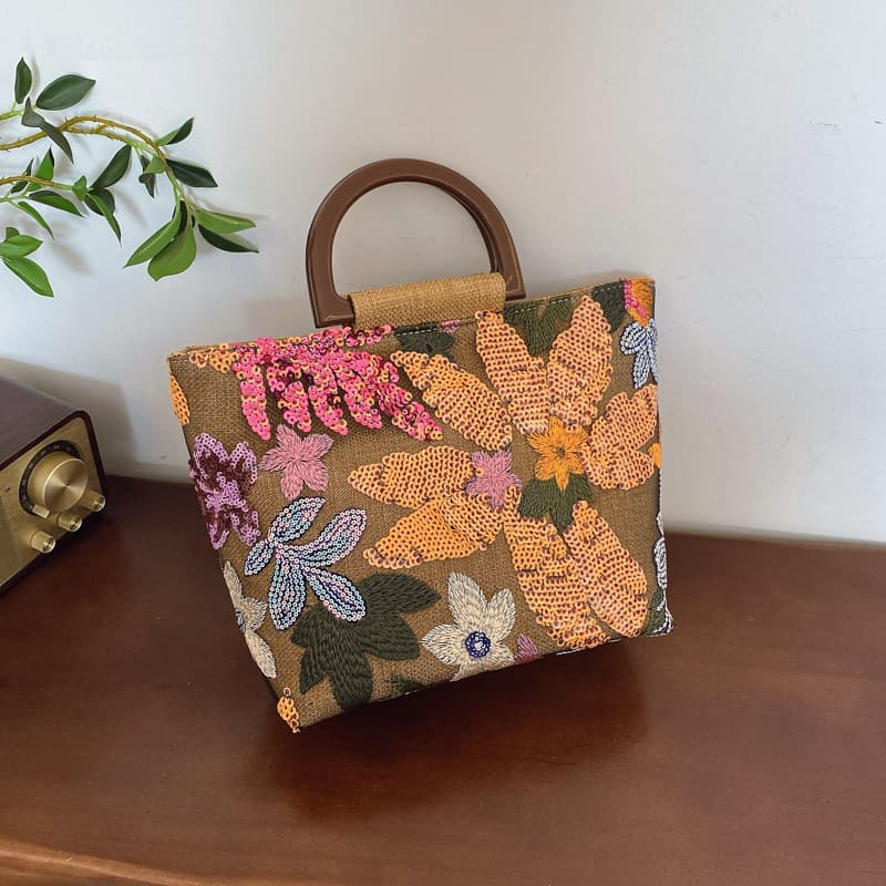 Cross-border linen bamboo handbag 2025 new Chinese style fashionable literary ladies flower large capacity handbag