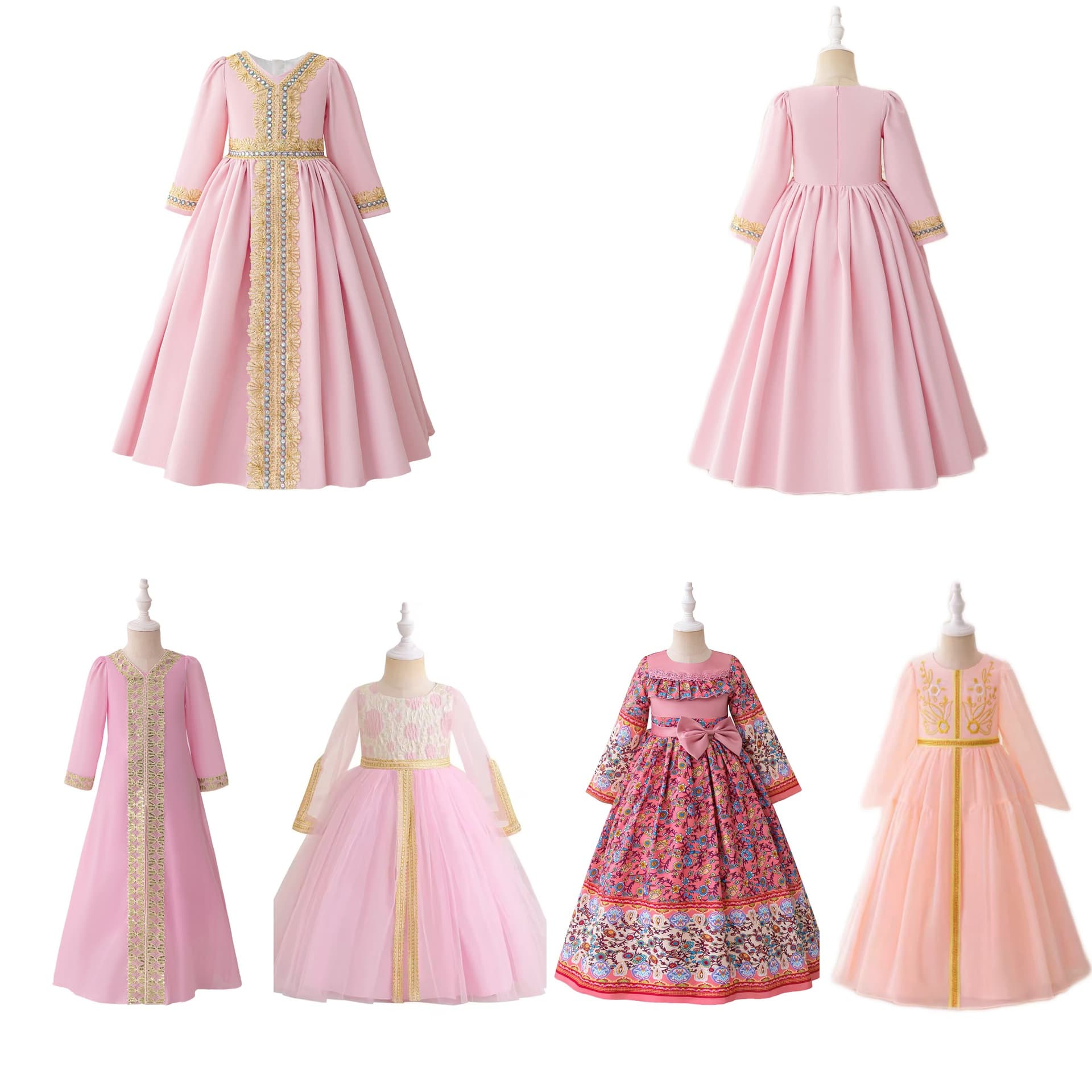 Children's Spring/Summer Princess Dress Pink Embroidered Long Gown Girls Party Evening Dress