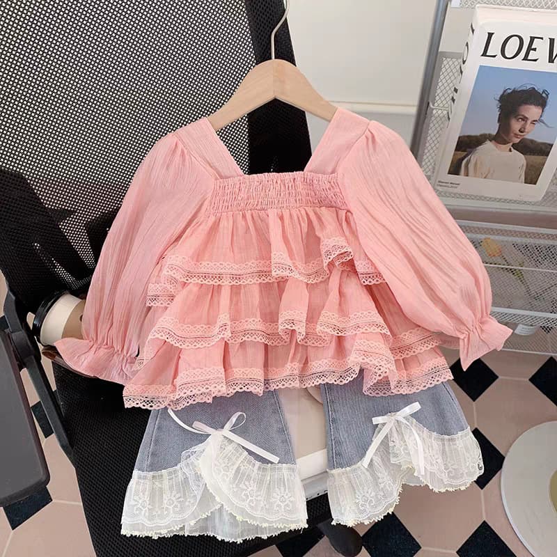 Girls 2025 new autumn children's clothing cute lace top and jeans two-piece set for baby girls Western style children's clothing