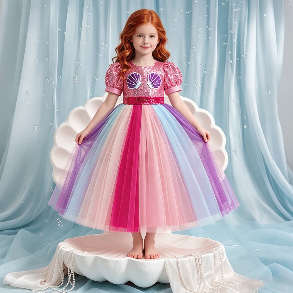 Children's Mermaid Costume Dress for Girls, Sequin Puff Sleeve Colorful Tulle Princess Dress, Festival Celebration Girls Gown