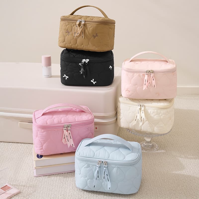 Runhui New Style Heart Print Top-Bottom Lid Cosmetic Bag Toiletry Organizer Travel Makeup Case Large Capacity