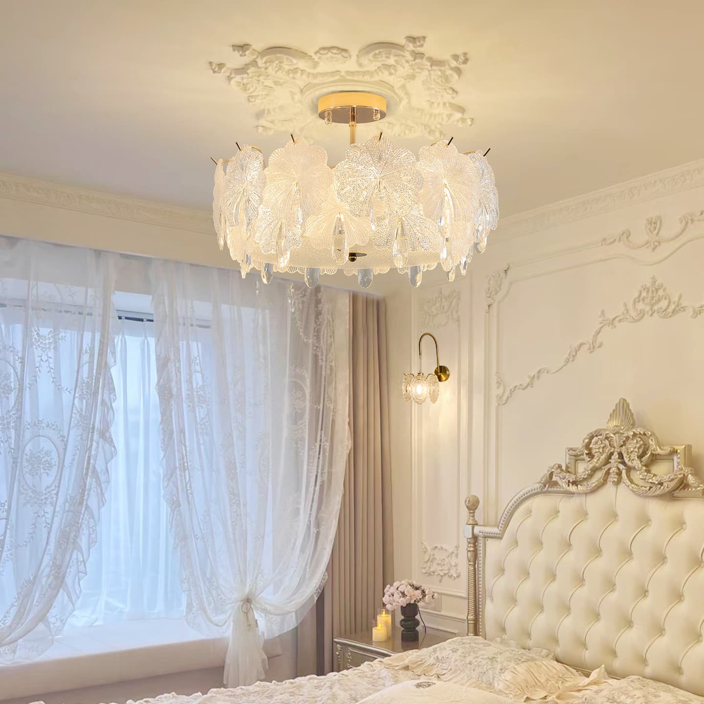 French Cream Style Master Bedroom Ceiling Light, New Internet-Famous Children's Room Light, Girl's Room Light, Creative Crystal Chandelier for Living Room