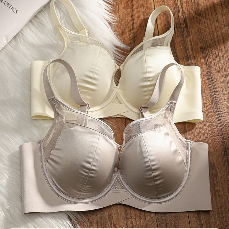 Seamless Satin Bra Set for Women, Thin Cup for Large Busts, Minimizes Side Fat, Prevents Sagging, Adjustable Soft Underwire Bra