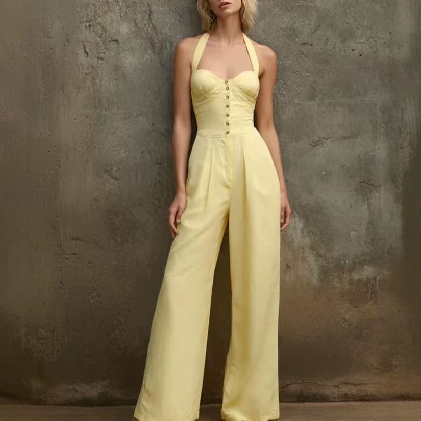 2026 Summer Cross-Border New Women's Yellow Pleated Waist-Back Cross-Tie Slim Fit Dress