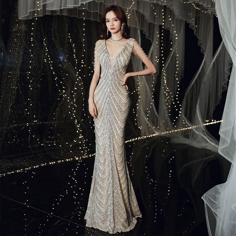 Evening dress for women 2025 new summer banquet dignified socialite sexy fishtail aura long shoulder tassel dress