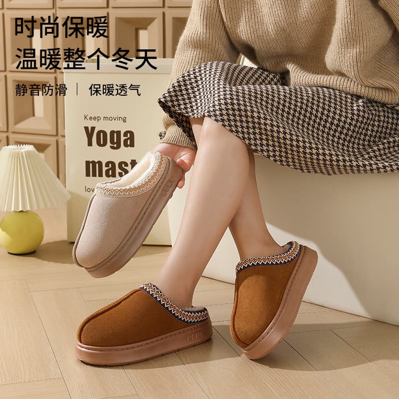 Cross-Border New Autumn and Winter Solid Color Lace Fashion Cotton Slippers for Women Wholesale EVA Thick-Soled Indoor Warm Slippers Winter