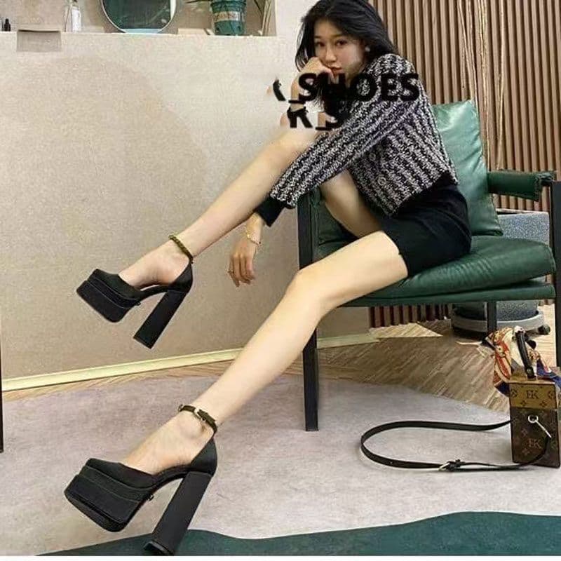 One-Strap Chunky Heel Satin Mary Jane Sandals 2025 New Autumn/Winter Thick Sole Rhinestone Platform Ultra-High Heels for Women