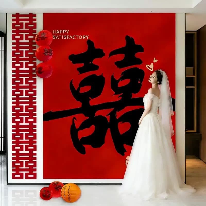 Wedding background wall layout living room happy word banner hanging cloth engagement wedding decoration dressing gown photo background wall wedding room decoration