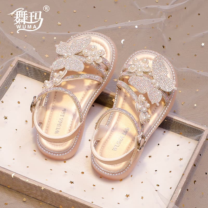Wuma Girls' Sandals Children's Shoes 2025 New Summer Pearl Butterfly Crystal Princess Shoes 528322