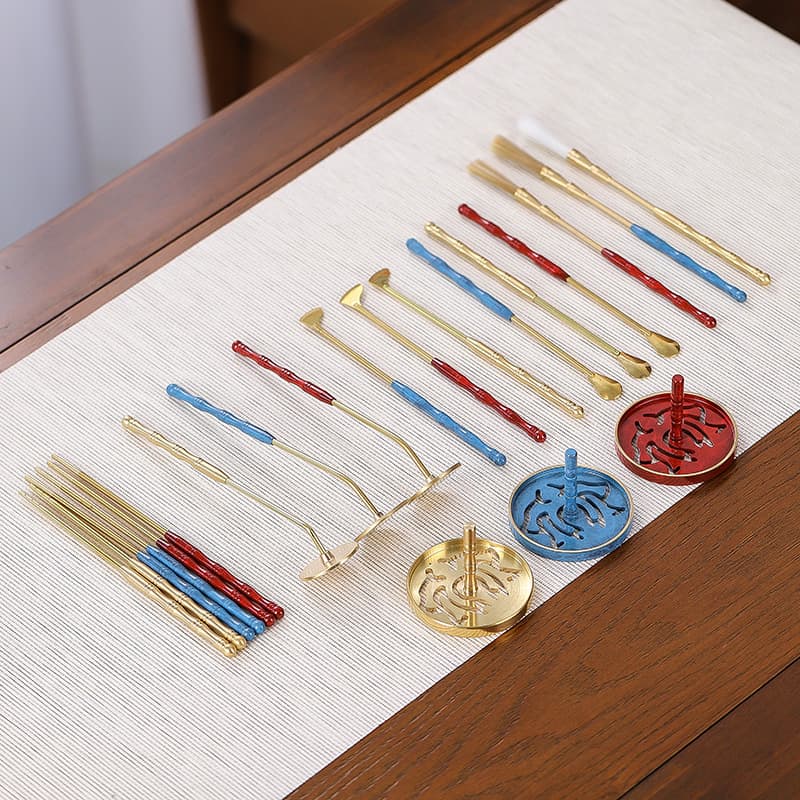 Enameled Brass Incense Seal Tool Set with Copper Stamp, Ash Press, Brush, Spoon, Spatula, Shovel, Ceremony Bottle, and Powder Jar
