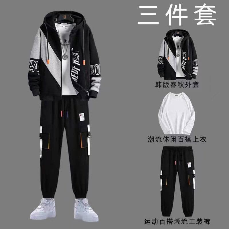 Cross-Border Spring/Autumn Fashion Men's Zip-Up Hoodie Three-Piece Set for Students and Teens Casual Sporty Korean Style Outfit
