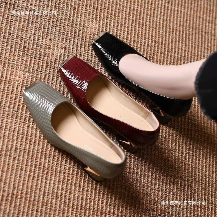 2025 Spring and Summer French Snakeskin Pattern High Heels Women's Square Toe Thick Heel Single Shoes Versatile and Comfortable Medium Heel Small Leather Shoes