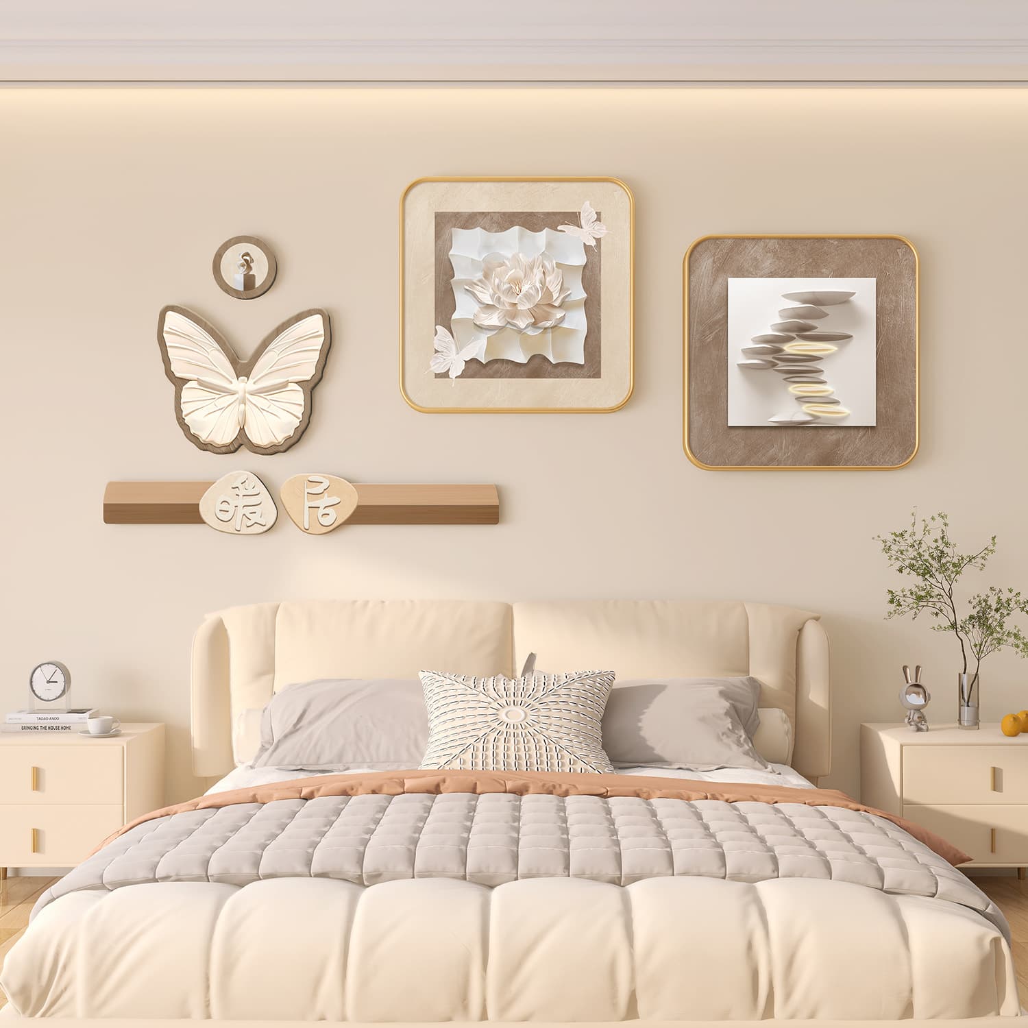 Cream-style bedroom bedside decorative painting, room background wall hanging painting, abstract wood style, high-end butterfly simple mural