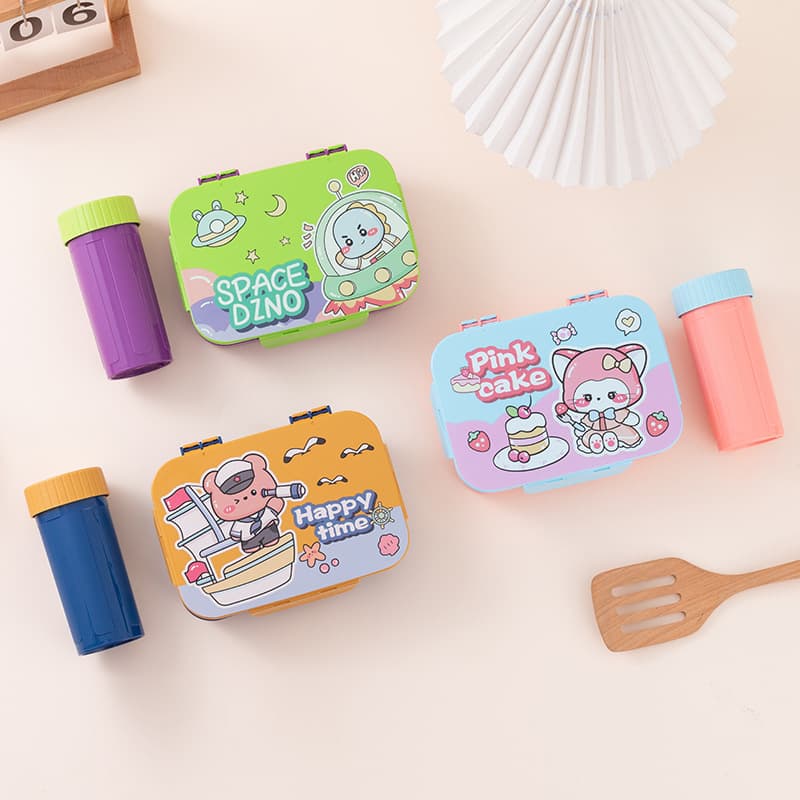Cartoon Creative Plastic Divided Flip Lid Lunch Box, Microwave Safe, Portable Lunch Box with Water Cup Set, Gift
