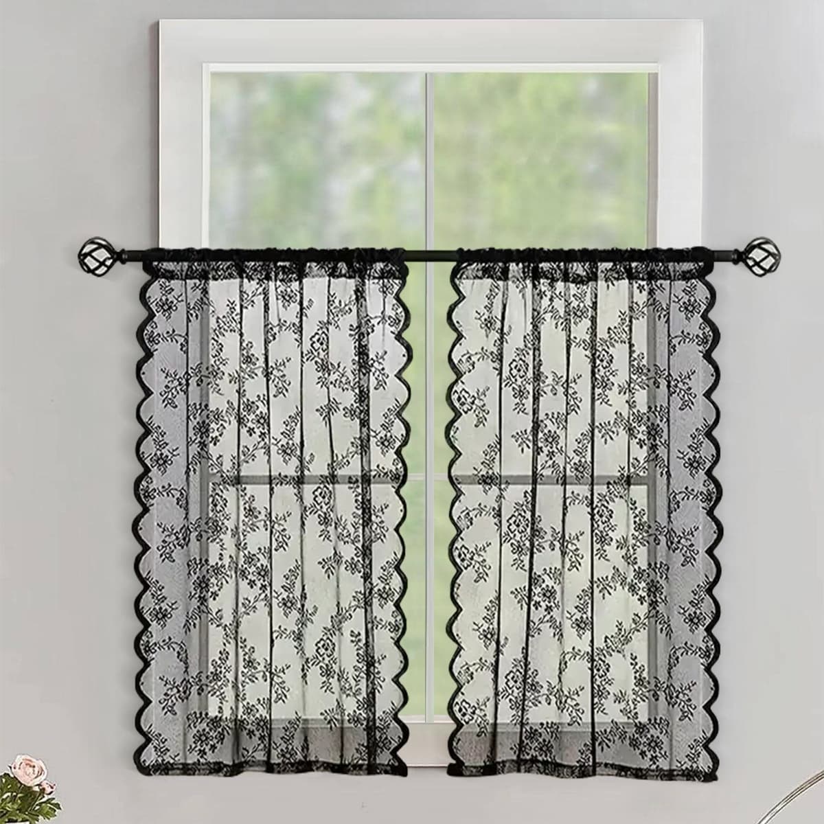 Amazon Cross-Border New German Lace Short Curtain Rod Pocket Window Sheer Kitchen Short Curtain Semi-Sheer Coffee Curtain