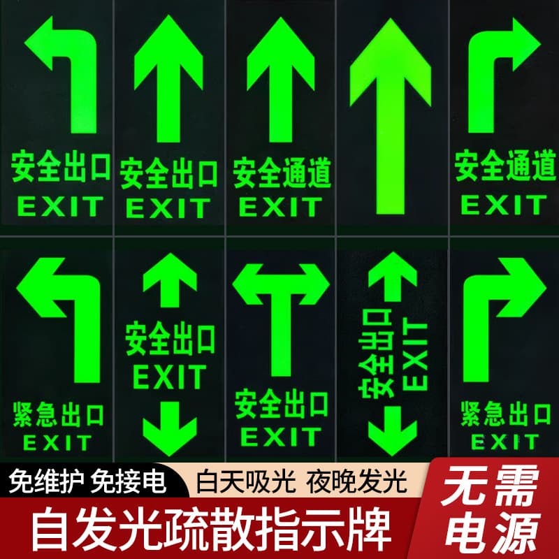 Glow-in-the-Dark Fire Safety Exit Escape Route Fluorescent Sign, Caution Wet Floor Steps Emergency Evacuation Floor Sticker Label
