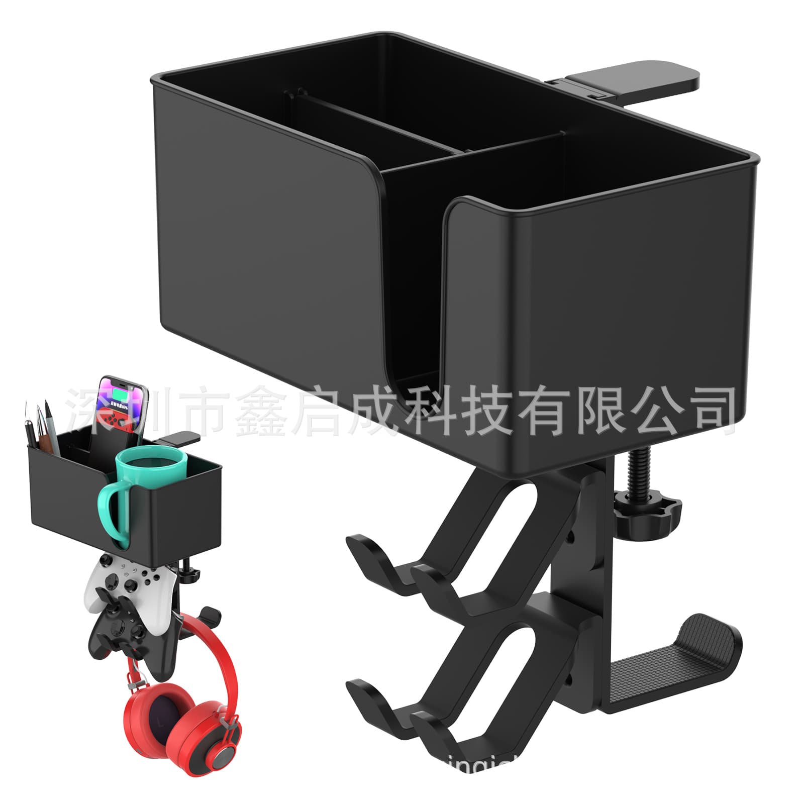 New 5-in-1 Desk Side 360° Rotating Metal Headphone Stand Multi-functional Handle Storage Stand Cup Holder