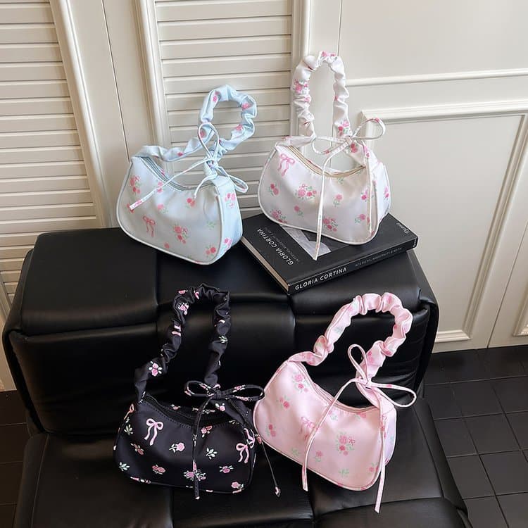 Sweet Floral Canvas Bag Women 2026 New Drawstring Shoulder Bag Underarm Bag Printed Butterfly Bow Handbag