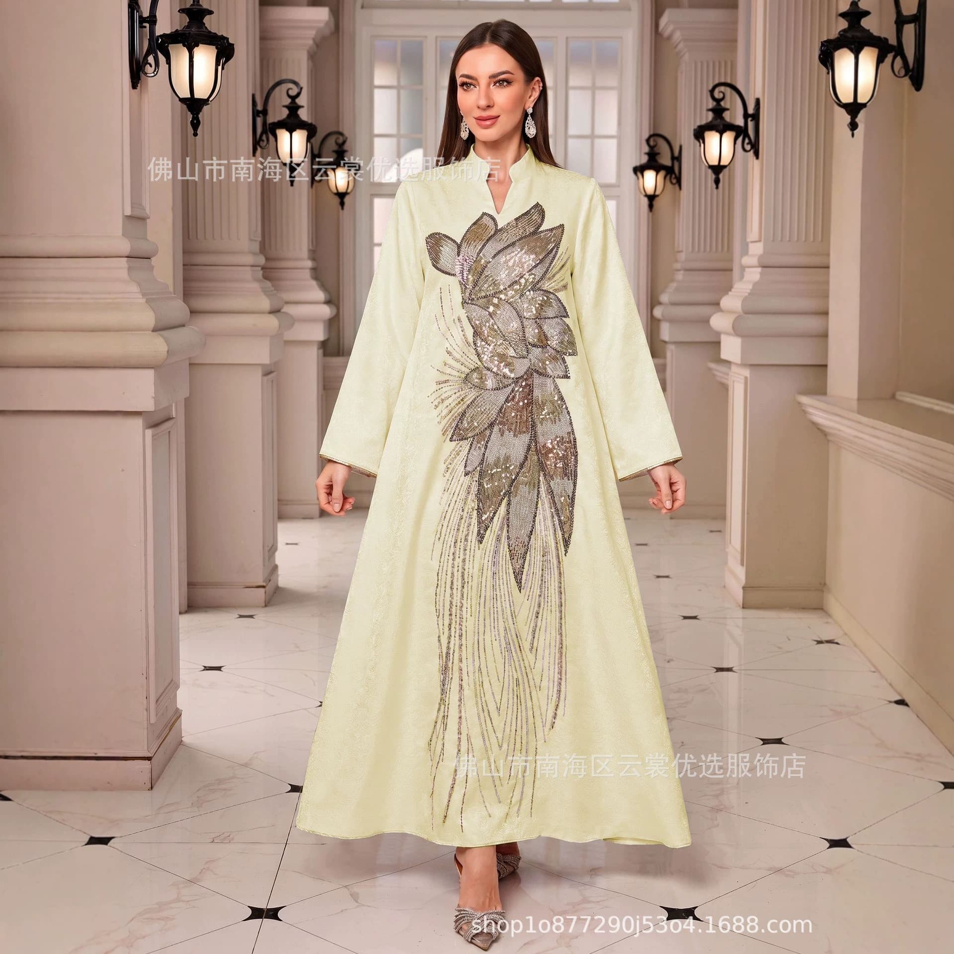 CG836 Cross-border women's fashion new style beaded applique pullover patchwork long-sleeved dress ethnic style long skirt