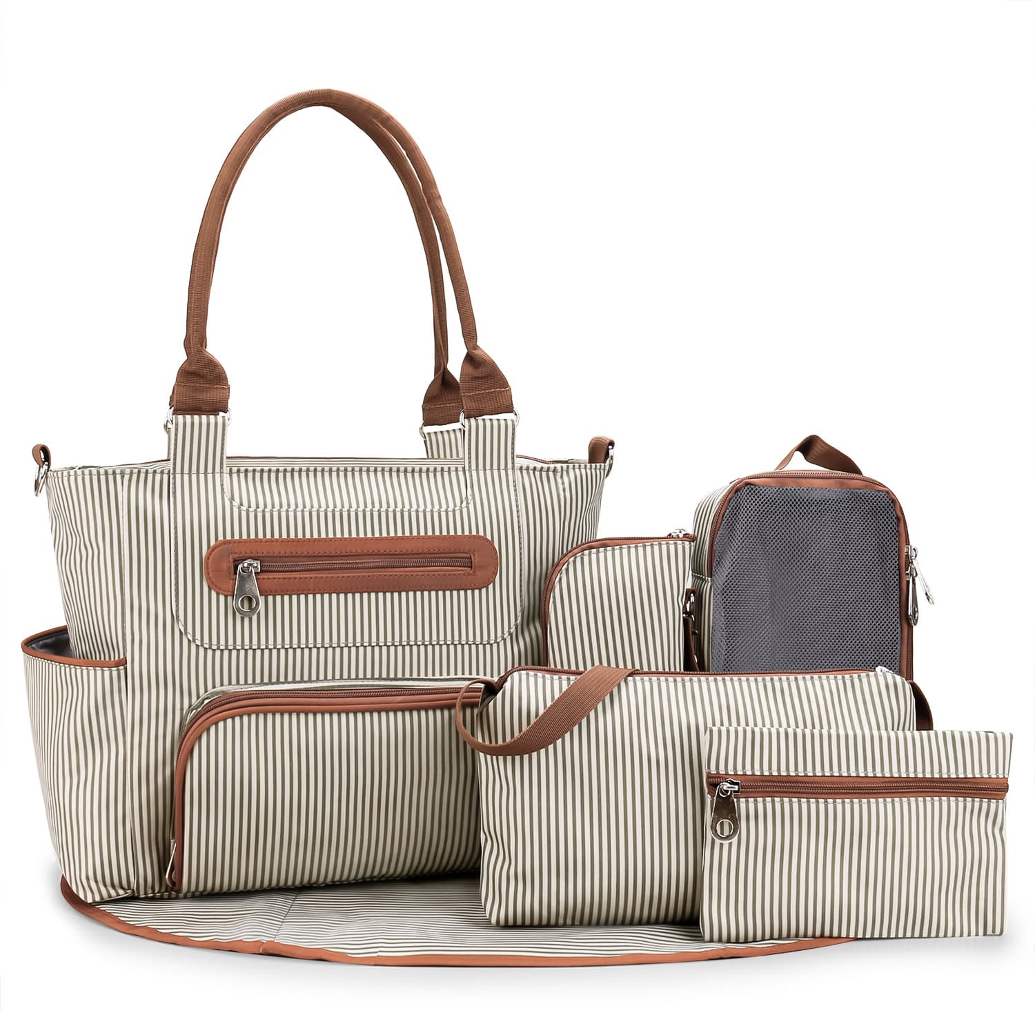 Striped 7-Piece Mommy Bag Fashionable Handbag Storage Set with Baby Changing Pad, Large Capacity Multifunctional Diaper Bag